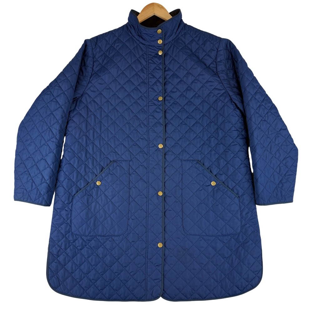 Lands End Quilted Barn Coat Womens 1X Navy Blue Corduroy Collar Primaloft 512305